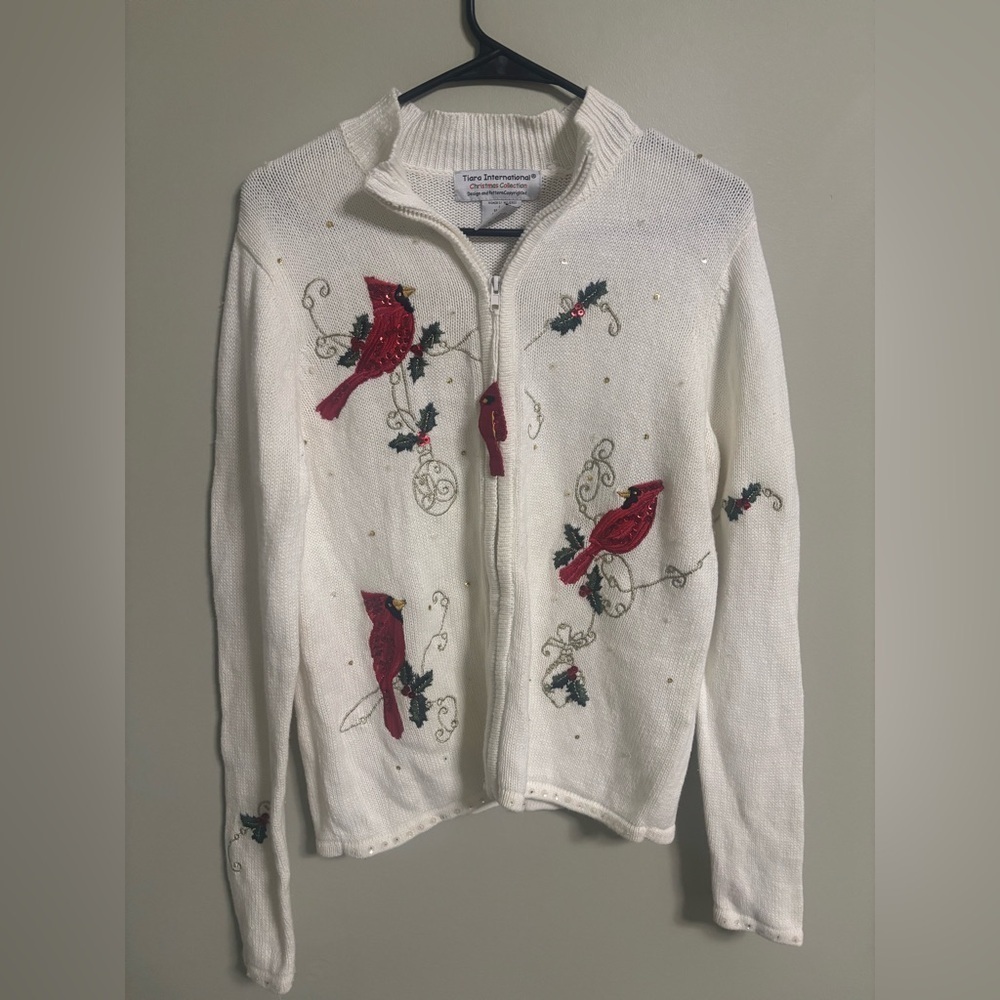 Tiara International Cardinal Holly Embellished Cardigan Sweater Size Small Zip